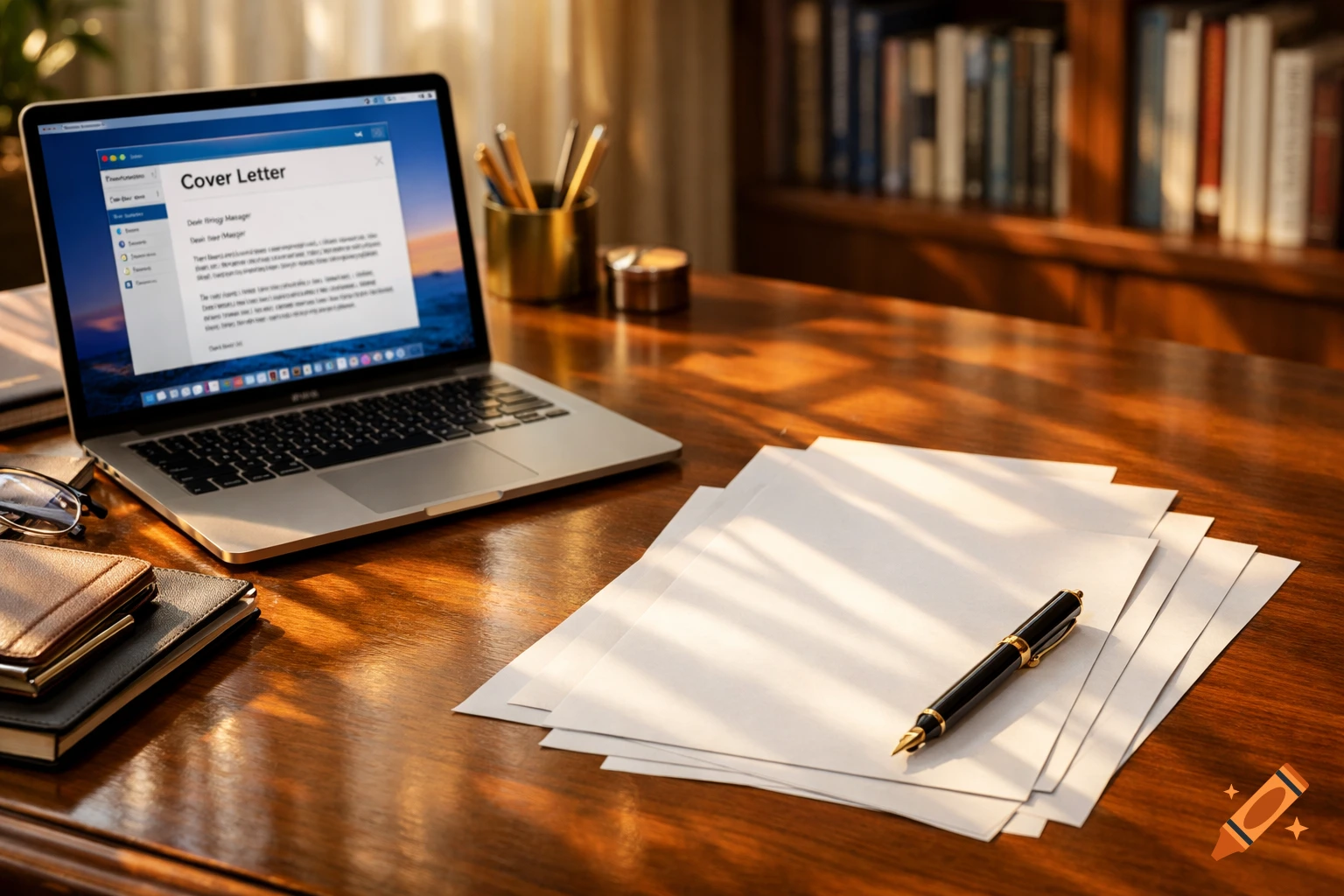 A laptop displaying a cover letter, papers, and a fountain pen sit on a sunlit wooden desk with a bookshelf in the background.
