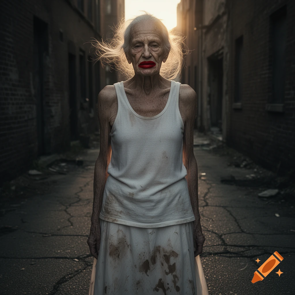 Photorealistic portrait of a creepy old woman with red lipstick, dirty white clothes, standing in a dark alley backlit by a bright light.