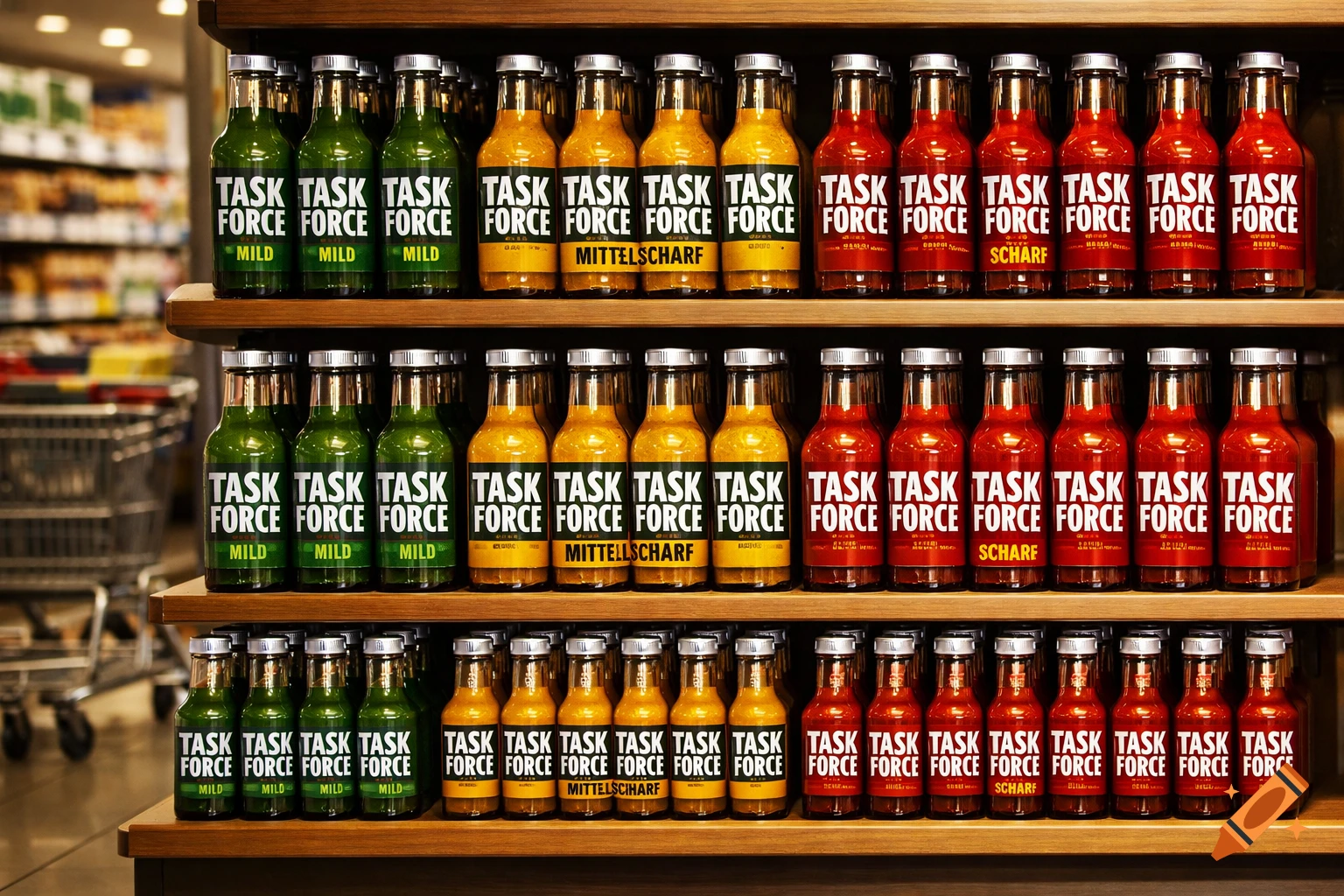 A supermarket shelf displaying rows of green, orange, and red bottles labeled 'TASK FORCE', 'MILD', 'MITTELSCARF', and 'SCHARF'.