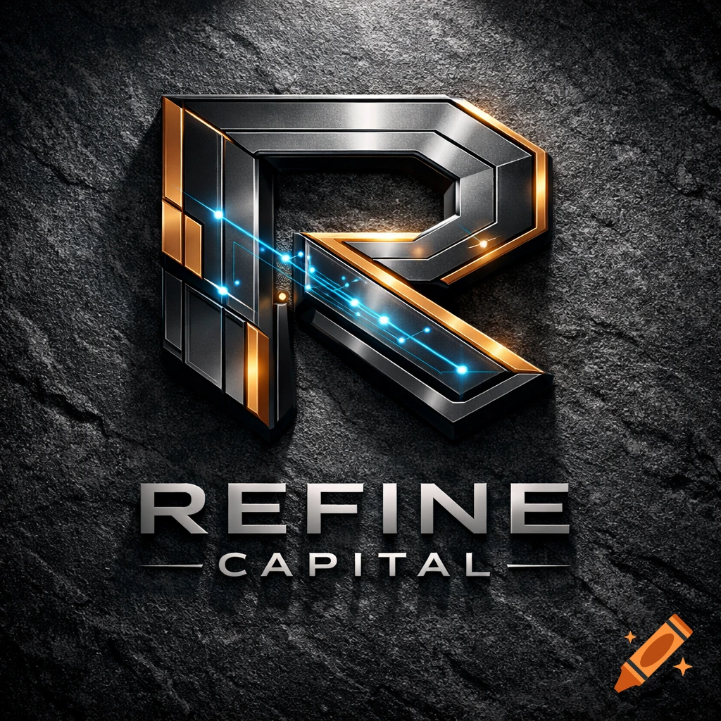 A sharp, geometric R and C monogram in gunmetal and copper-gold with blue glowing lines, above REFINE CAPITAL on a dark granite wall.