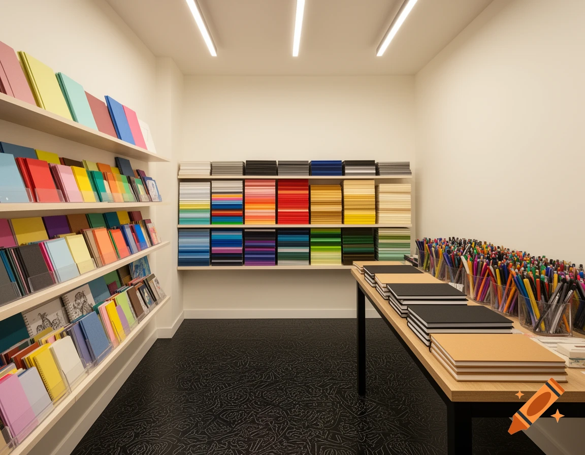 An art store with shelves of colorful notebooks, sketchbooks, and stacked colored paper, and a table filled with various pens and black and brown notebooks.