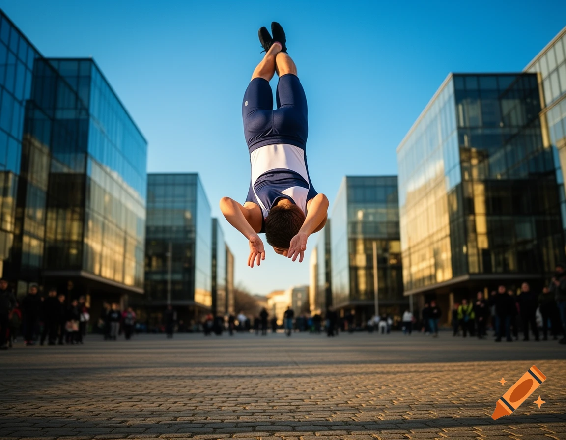 A person in athletic wear performs a backflip over a cobblestone plaza, surrounded by modern glass buildings under a clear blue sky.