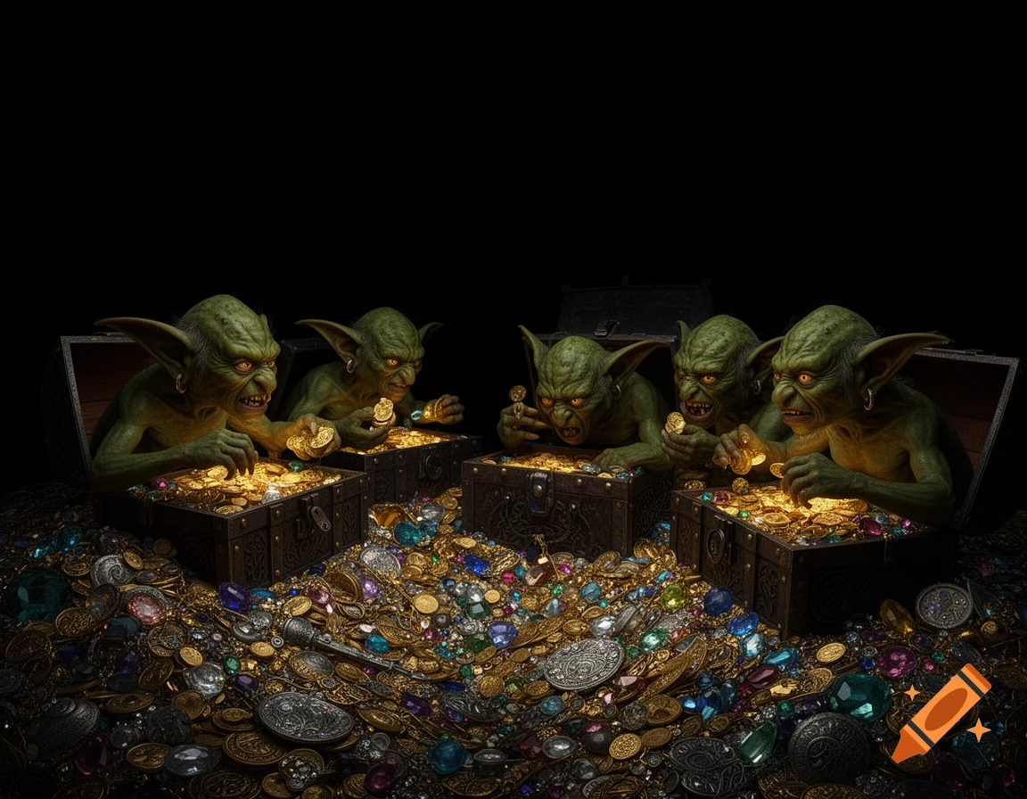 Five green-skinned goblins gleefully gather gold coins and colorful gems from overflowing treasure chests on a dark background.