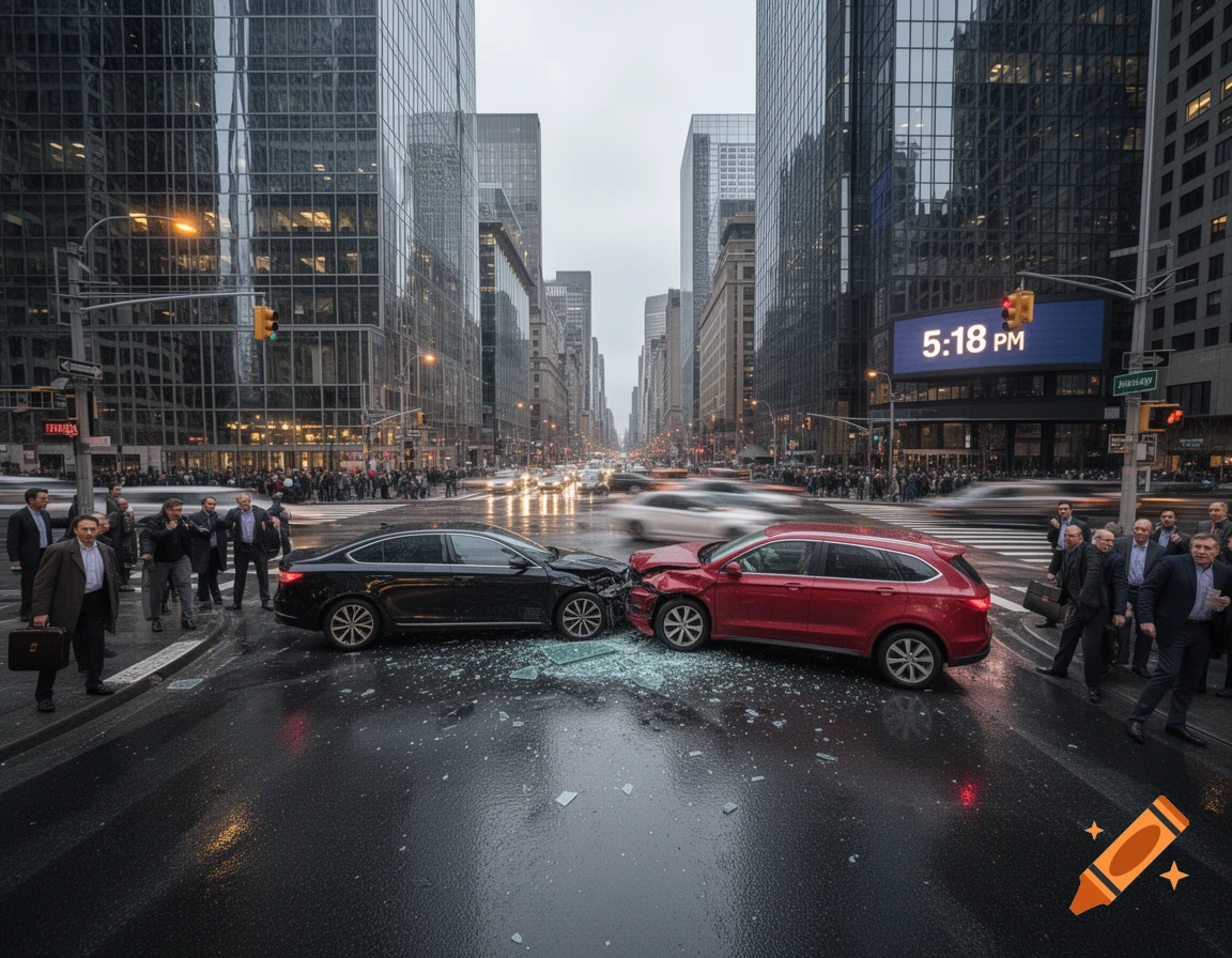 Photorealistic scene of a two-car collision on a wet city street at 5:18 PM, surrounded by skyscrapers and pedestrians.