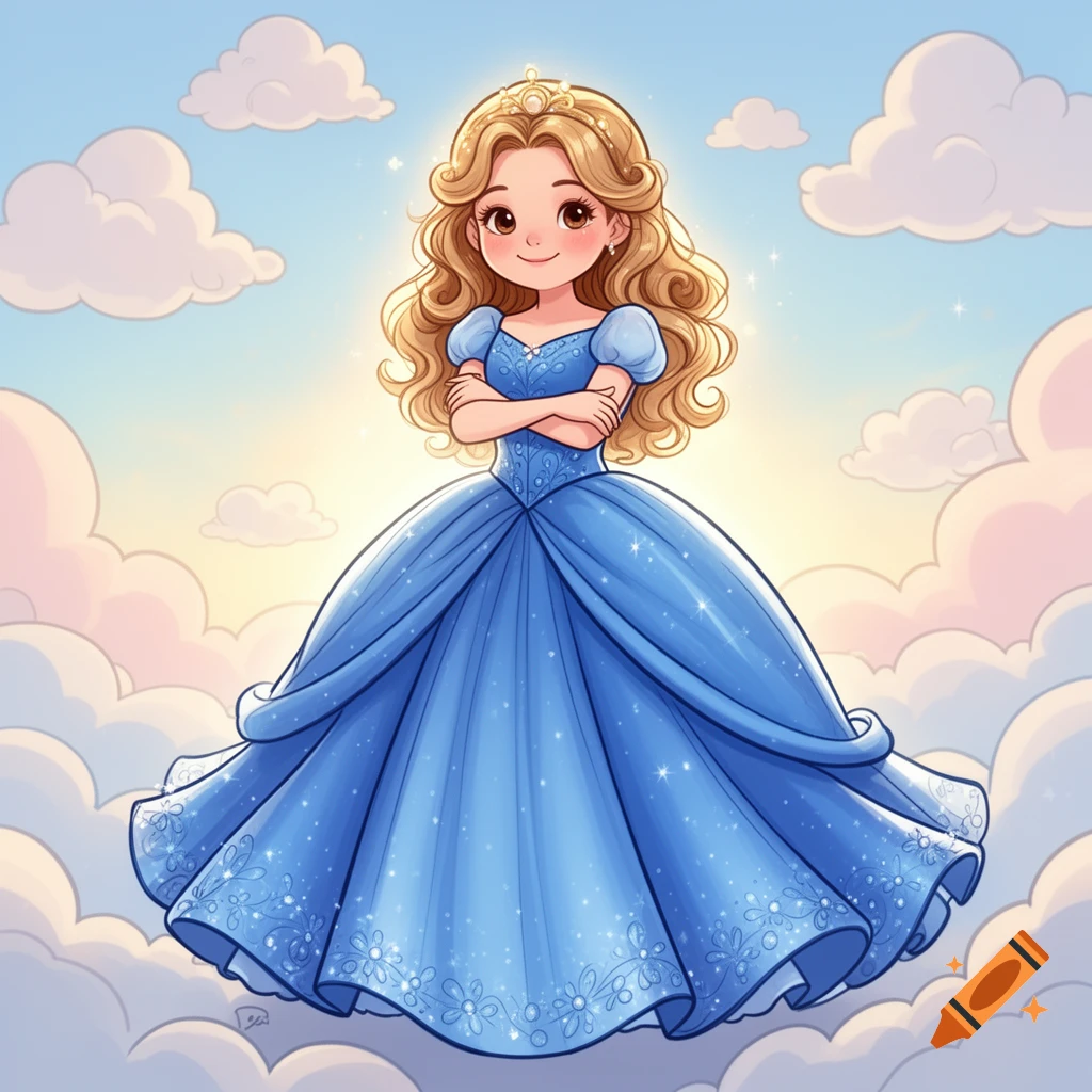 A cute cartoon princess in a sparkling blue gown and gold tiara, with arms crossed, floats among pastel clouds.