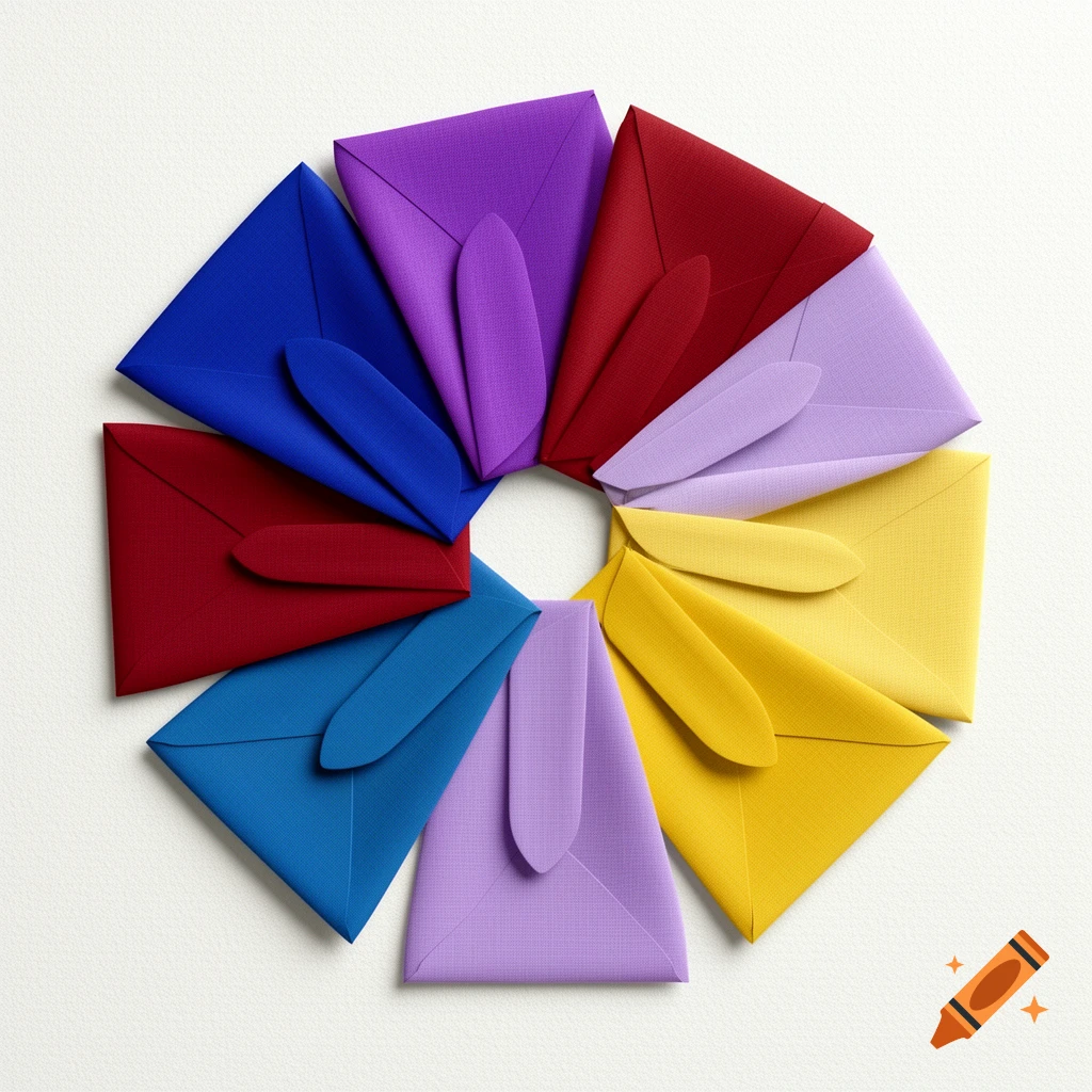 Colorful square envelopes with pointed flaps arranged in a circular fan shape on a white background, viewed from above.