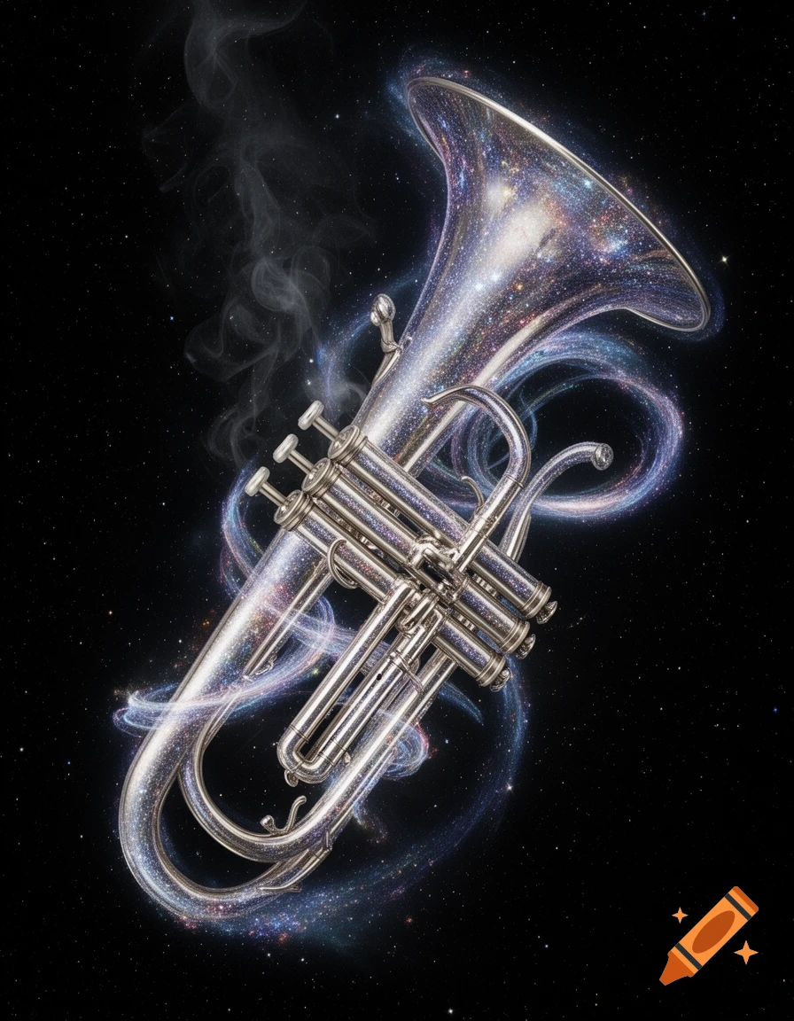 A stylized silver euphonium-like instrument filled with a galaxy, surrounded by cosmic dust and stars in deep space.