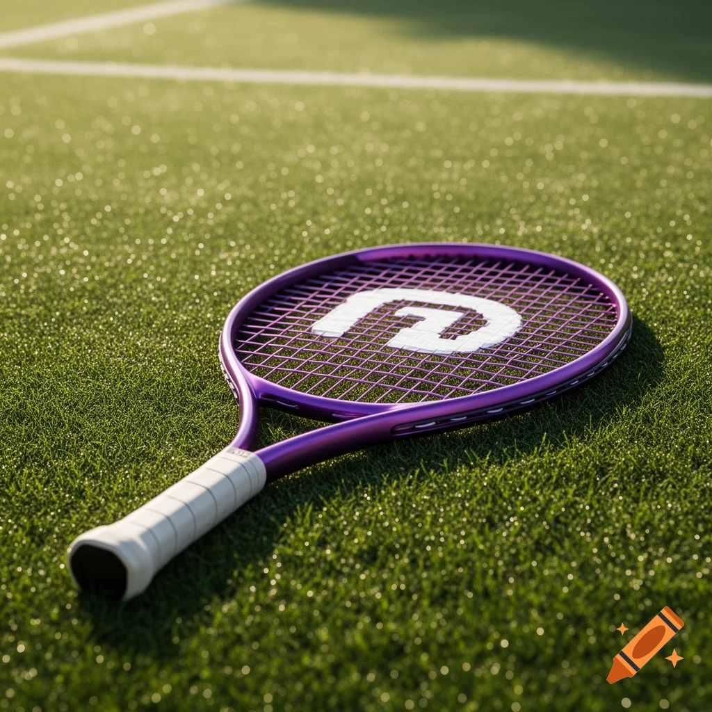 A photorealistic image of a vibrant purple tennis racket lying on a sunny green grass tennis court.