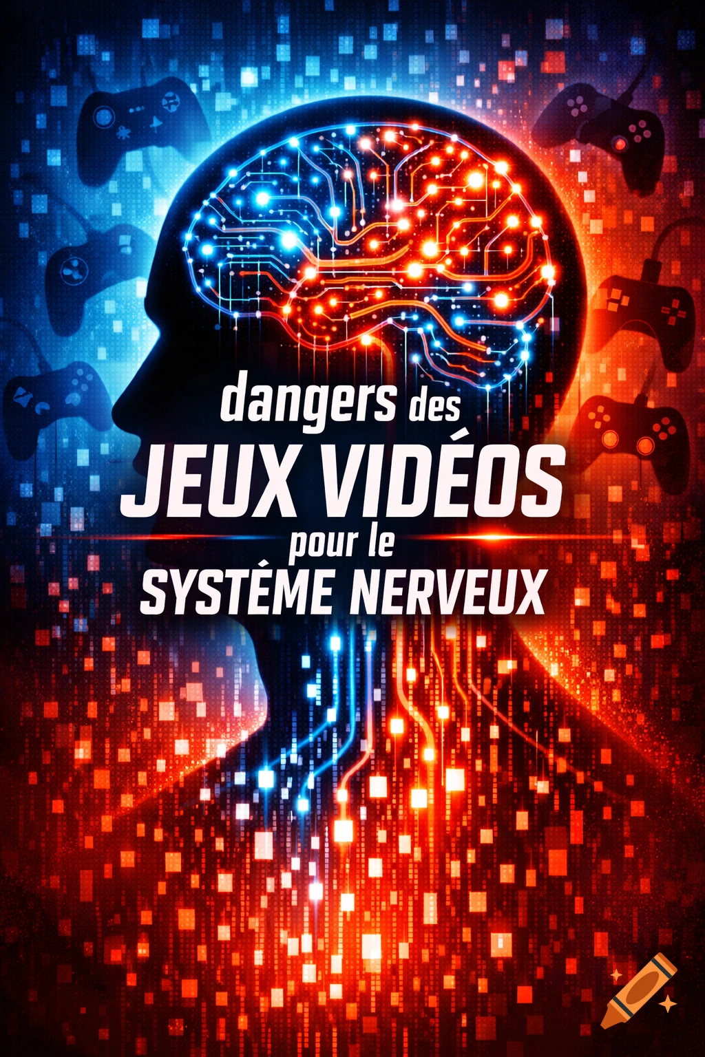 Digital poster of a human head with a circuit brain and game controllers, against a blue and red digital background. Text: 'dangers des JEUX VIDÉOS pour le SYSTÈME NERVEUX'.