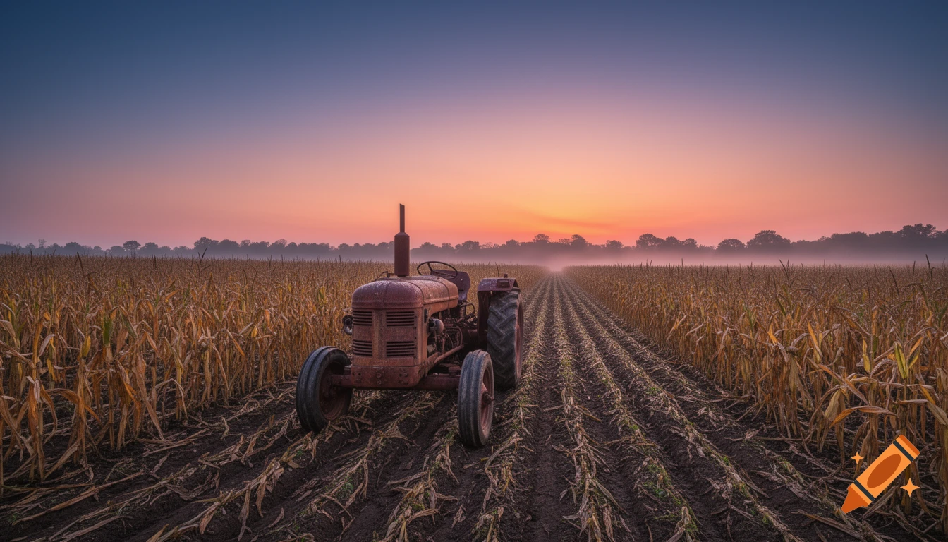 A rusty vintage tractor sits in rows of a dry corn field under a beautiful sunrise with orange and blue skies and distant mist.