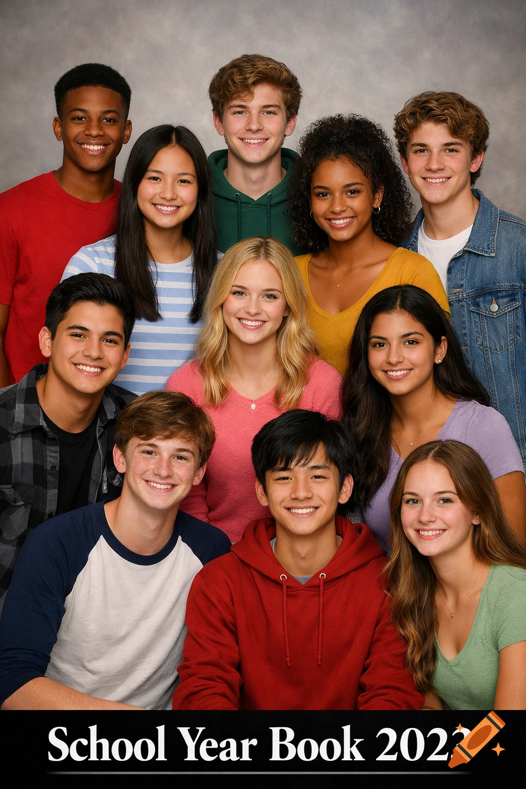 A group of diverse, smiling high school students posing for a school yearbook, with "School Year Book 2023" at the bottom.