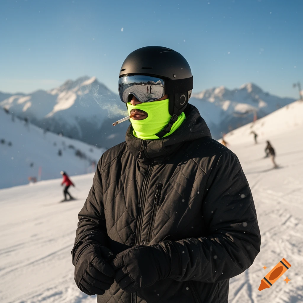 A man in black ski gear, a helmet, goggles, and a bright green balaclava smokes a cigarette on a sunny snowy mountain slope.