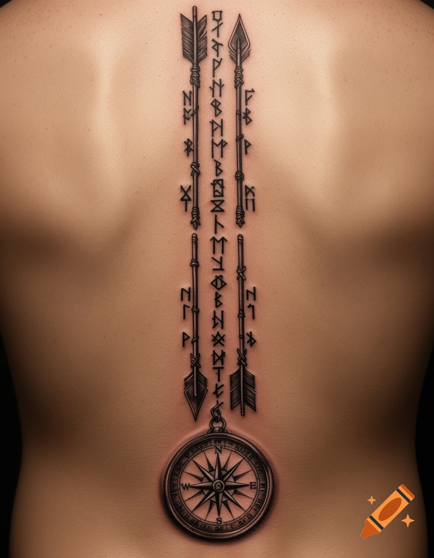 A detailed spine tattoo with two rows of runic symbols and arrows, leading down to a compass design on the lower back.