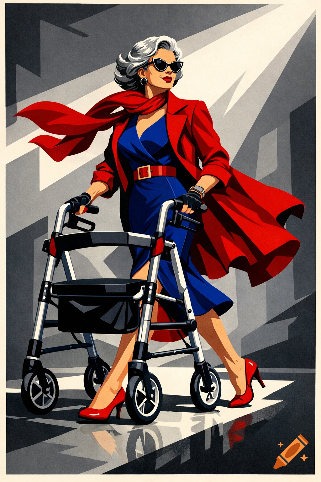 Stylized poster art of a confident woman with silver hair, sunglasses, red coat, blue dress, and red heels, walking with a walker.