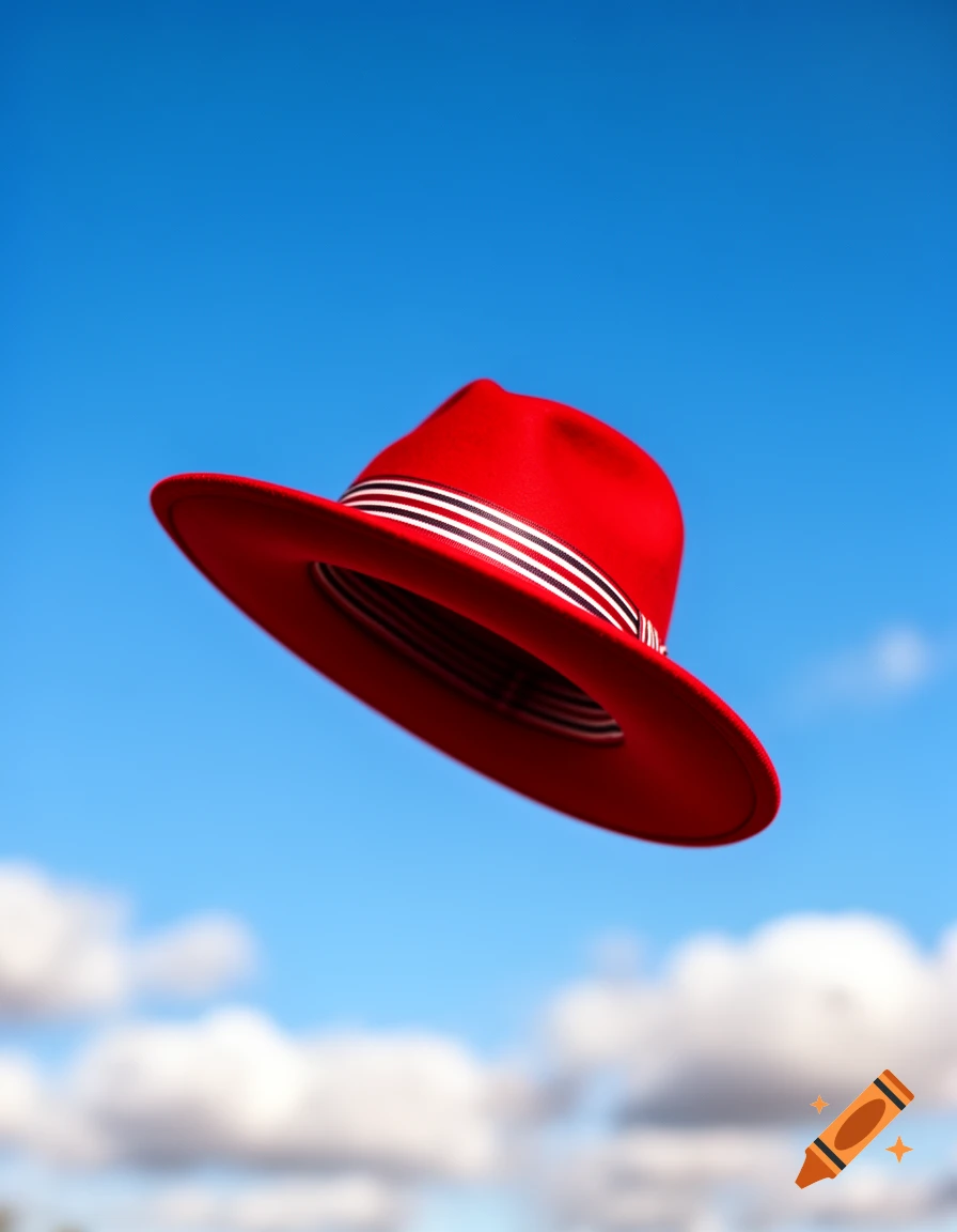 A red fedora-style hat with a striped band floats against a clear blue sky with white clouds.