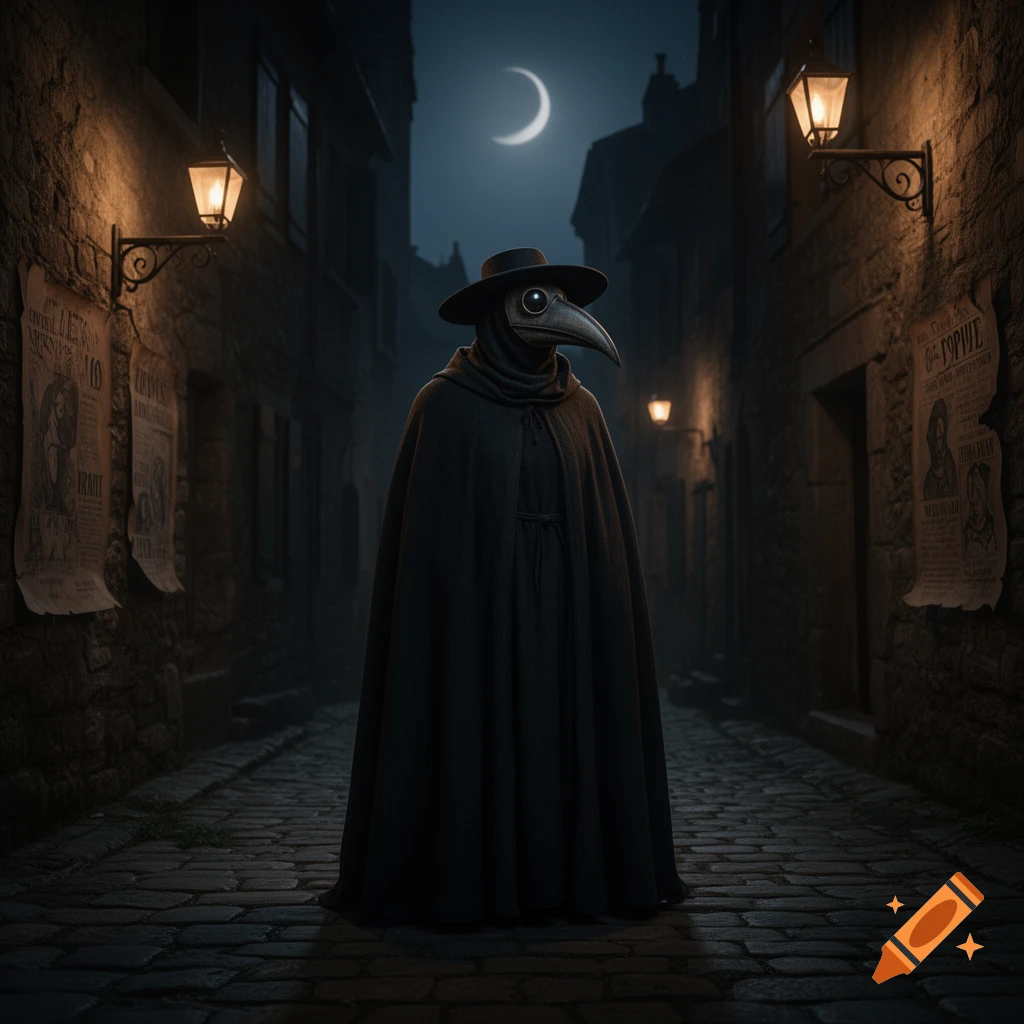 A lone plague doctor in a black cloak and beak mask stands in a dark, cobblestone alley lit by gas lamps under a crescent moon, photorealistic.