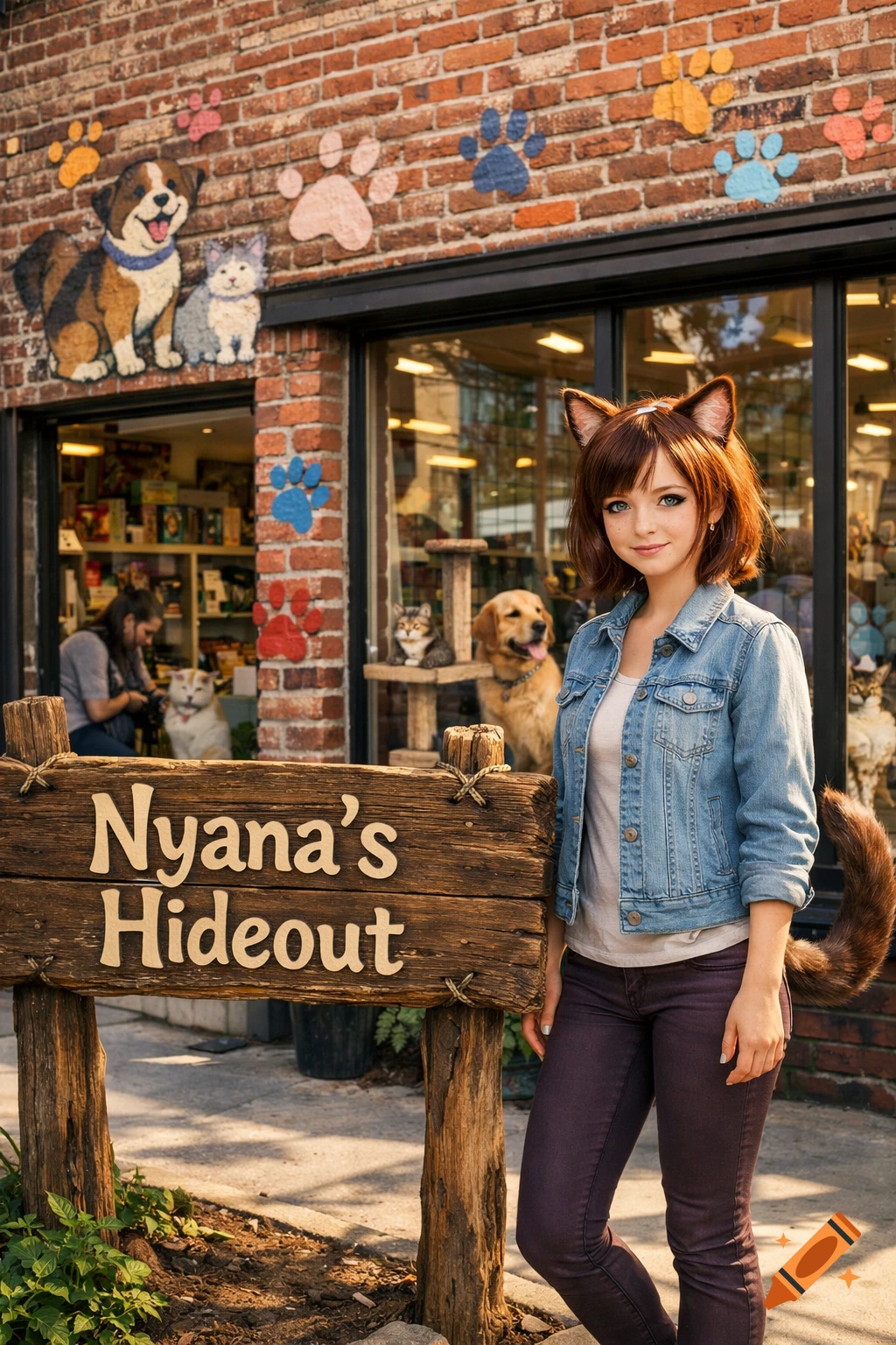 A photorealistic catgirl with short brown hair, cat ears, and a tail stands smiling in front of an animal shelter named "Nyana's Hideout".