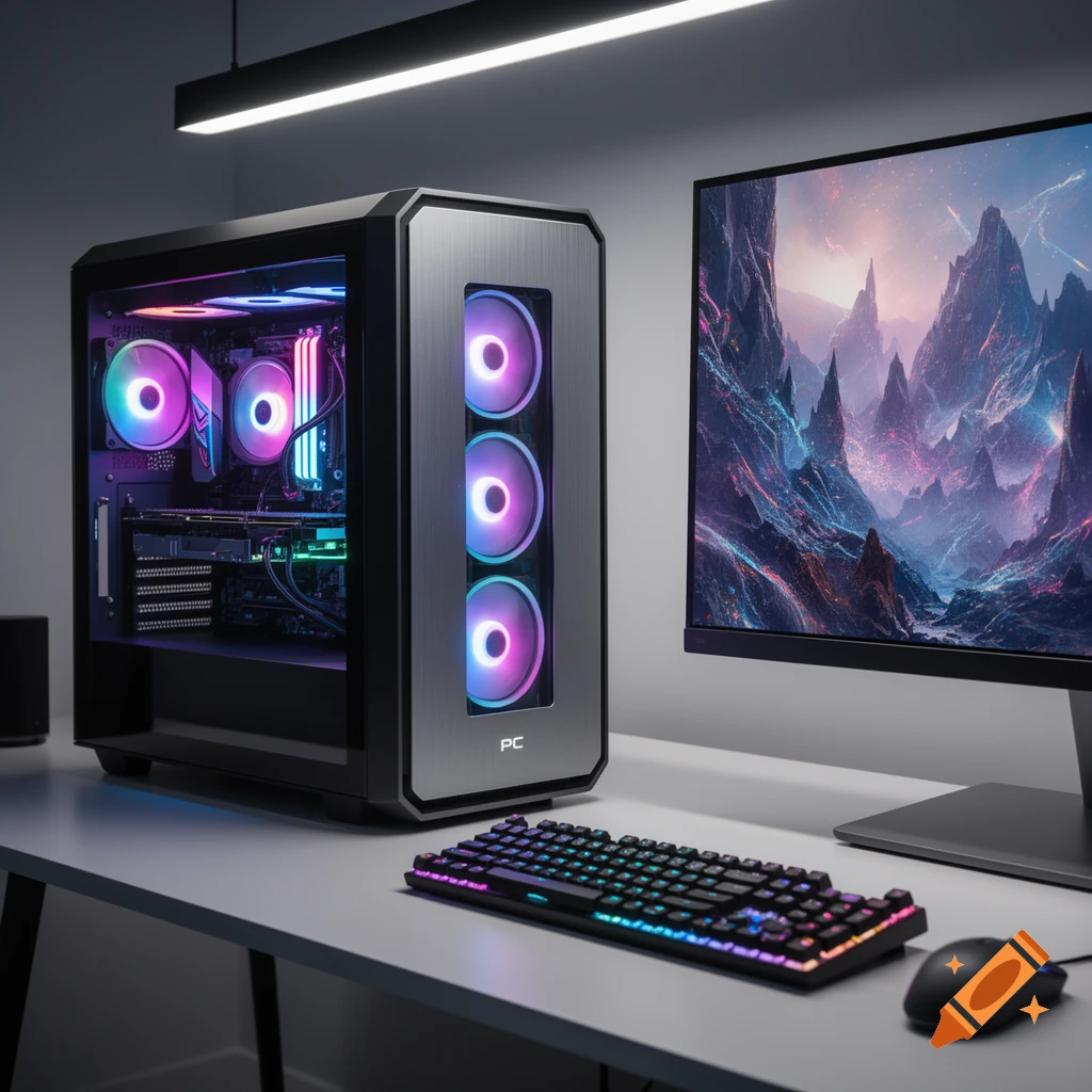 A modern computer setup with an RGB gaming PC, a monitor displaying a vibrant digital landscape, and an RGB keyboard and mouse on a white desk.