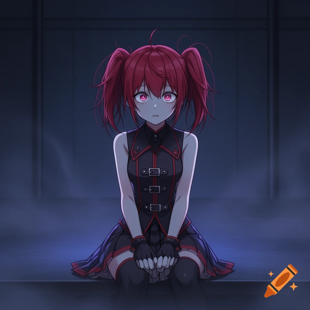 An anime girl with bright red pigtails, glowing red eyes, and a black and red outfit sits looking sad in a dark room.