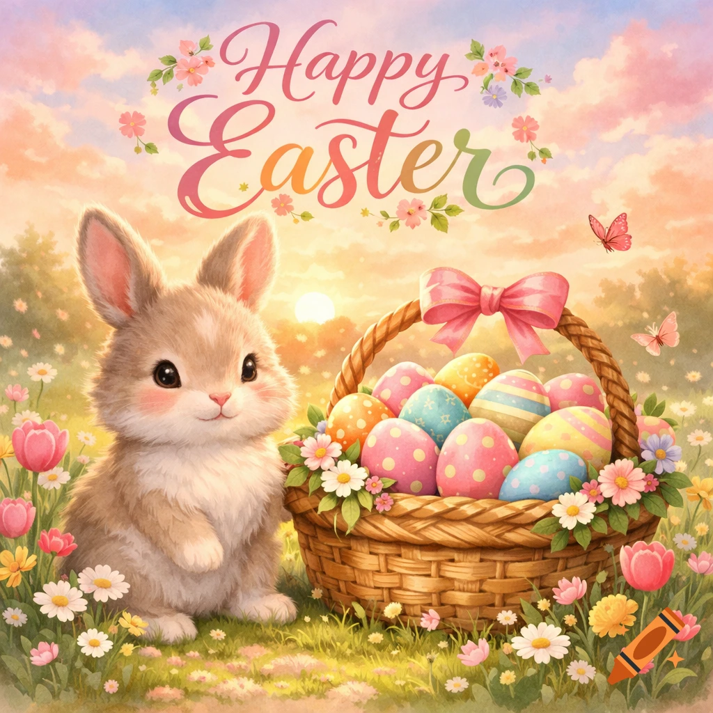 Cute bunny next to a basket of colorful Easter eggs in a sunny field with flowers and butterflies, with "Happy Easter" text.