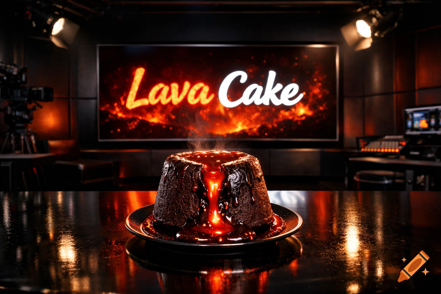 A steaming lava cake on a black plate in a dark TV studio. 'Lava Cake' is displayed on a large screen in the background.