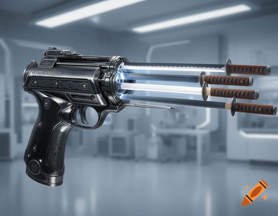 Ornate black pistol with glowing blue barrels firing multiple katanas, set in a blurred futuristic lab.