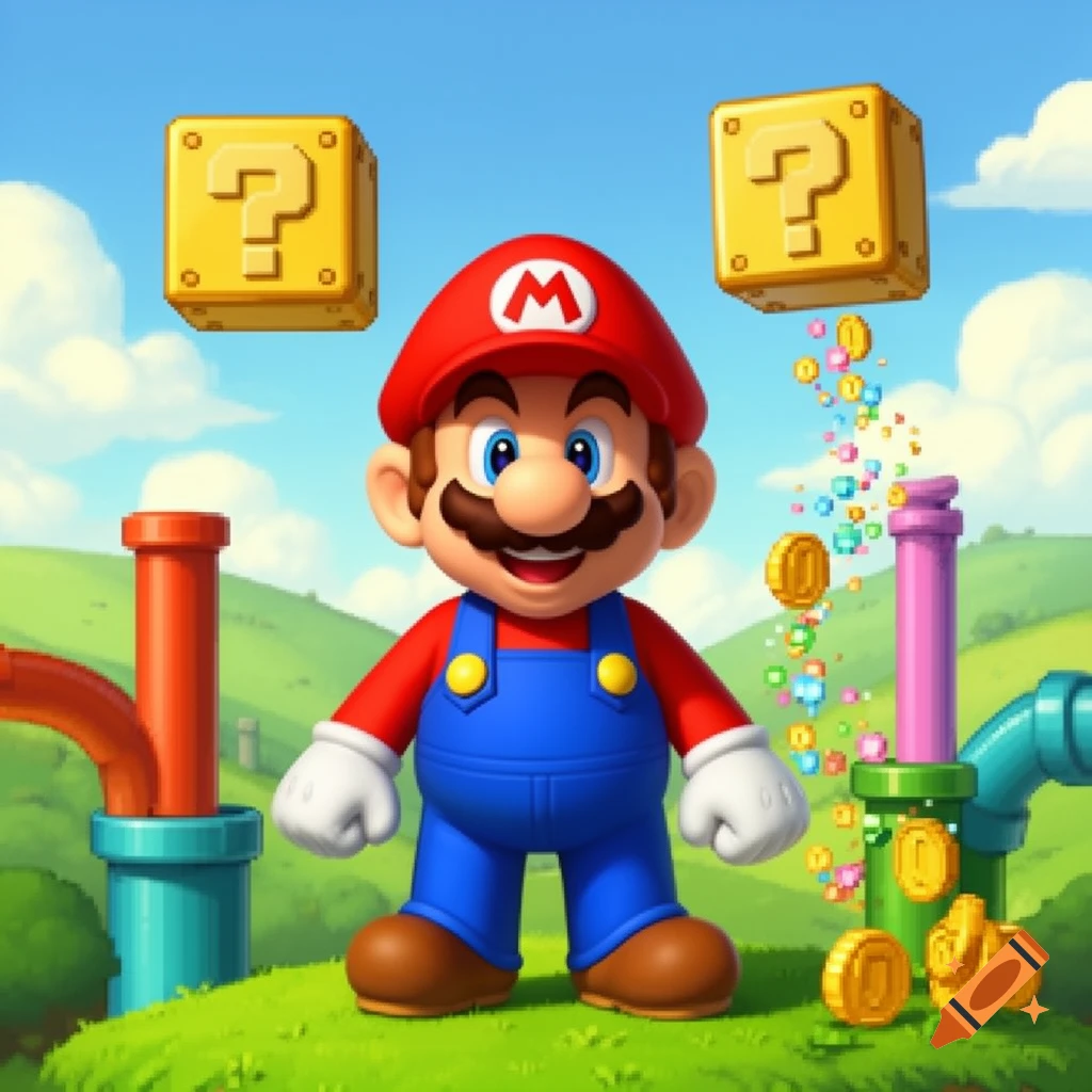 A vibrant cartoon image of Mario standing on a green hill under a blue sky, with question blocks, pipes, and spilling coins.
