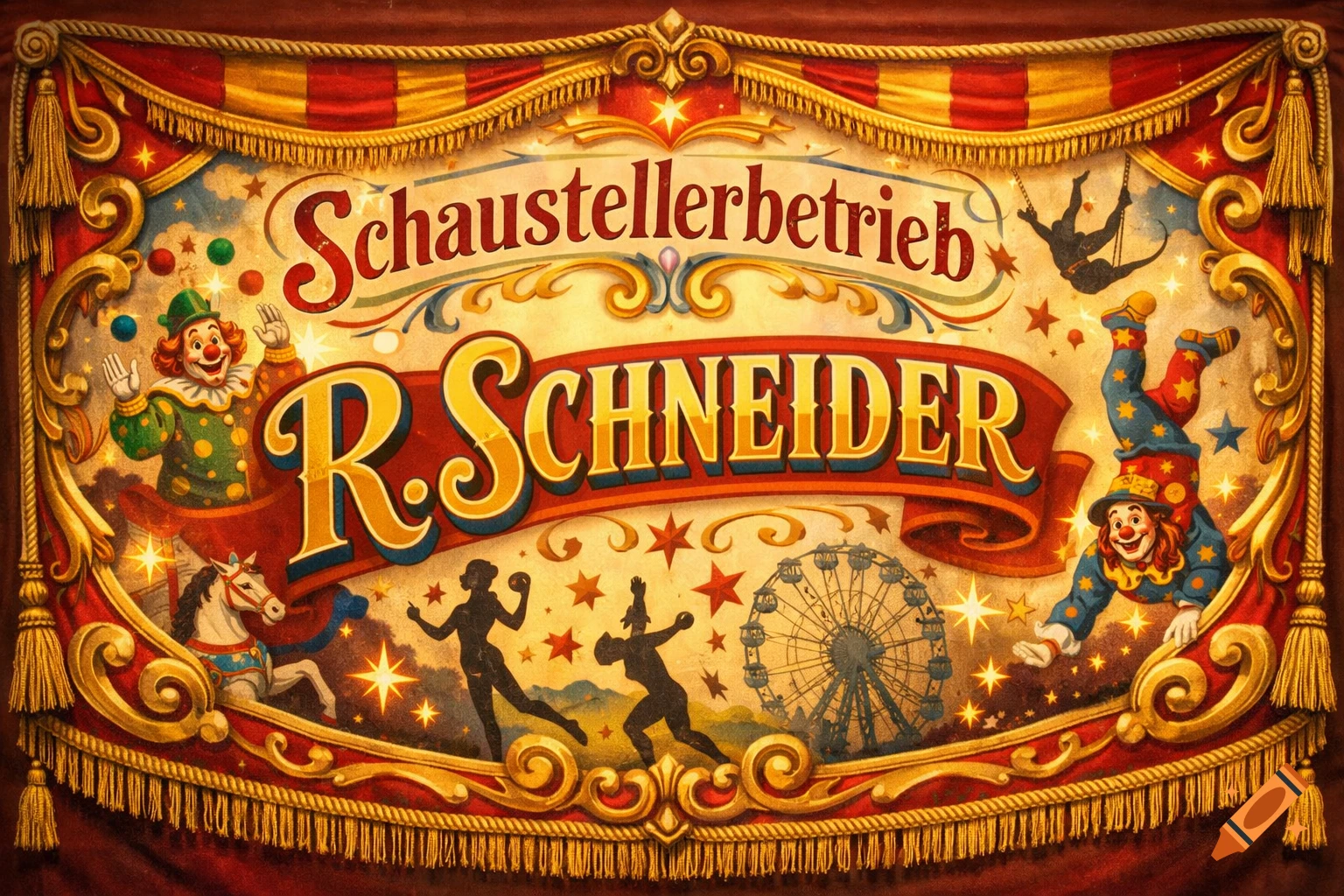 Ornate vintage circus banner with two clowns, acrobatic silhouettes, a ferris wheel, and text reading 'Schaustellerbetrieb R. Schneider'.