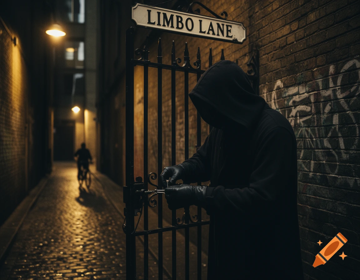 A hooded figure in black gloves picks a lock on a gate in a dark, narrow cobblestone alley at night, with a 'LIMBO LANE' sign.