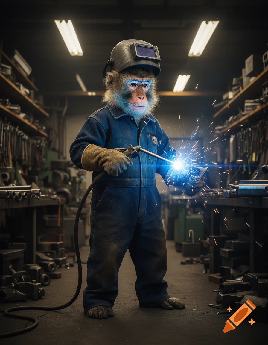 A photorealistic monkey wearing a welding helmet and jumpsuit, holding a welder that sparks, in a dark workshop.