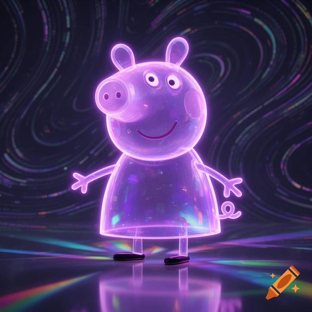 A glowing, translucent purple Peppa Pig stands against a dark, futuristic background with swirling neon lines.