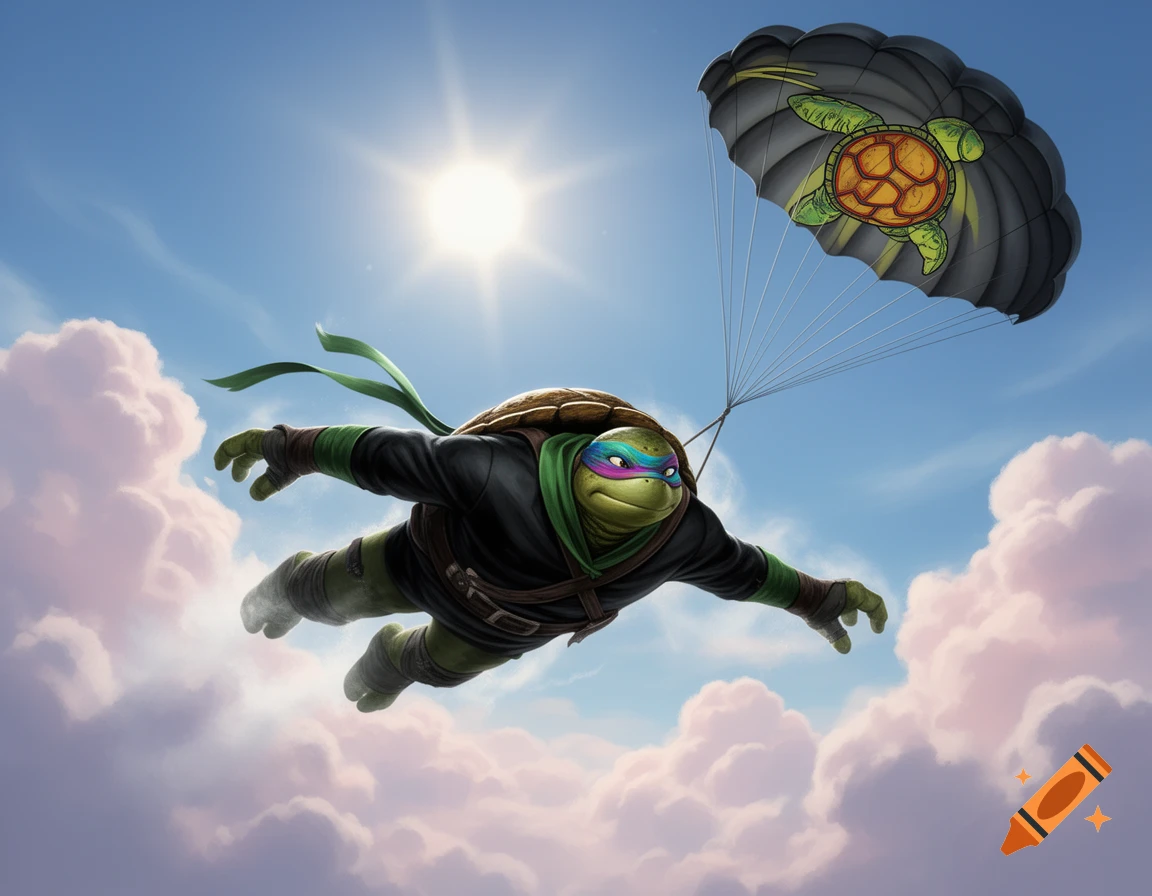 A cartoon Ninja Turtle skydives with a deployed parachute featuring a turtle shell design, against a bright blue sky and clouds.