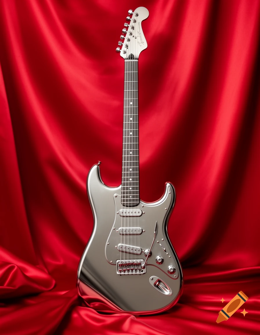 A shiny silver Fender Stratocaster electric guitar stands vertically against a draped red silk background.
