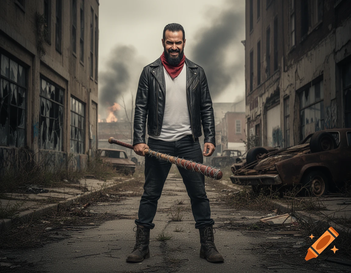 A menacing man with a beard and leather jacket holds a barbed wire baseball bat in a ruined, post-apocalyptic city street with destroyed buildings and overturned cars.