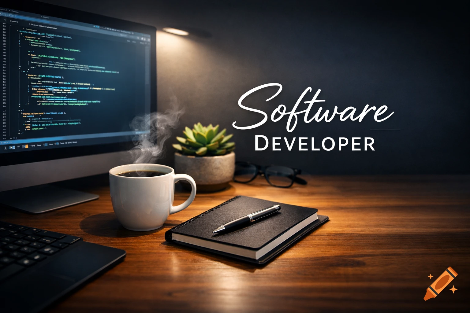 A software developer's desk: monitor displaying code, steaming coffee, a plant, glasses, and a notebook. Text 'Software Developer'.