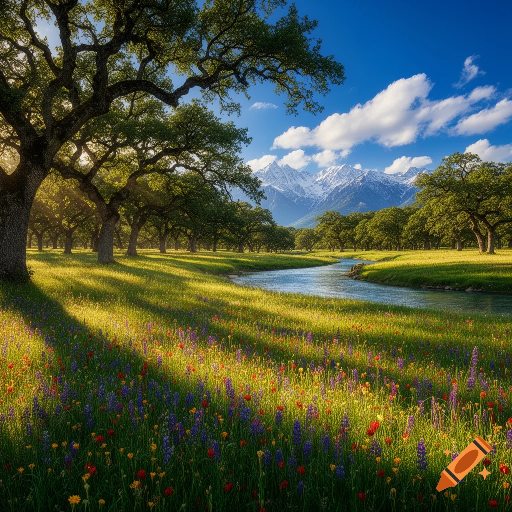 Sunlit meadow with colorful wildflowers, a winding river, lush trees, and snow-capped mountains under a clear blue sky.