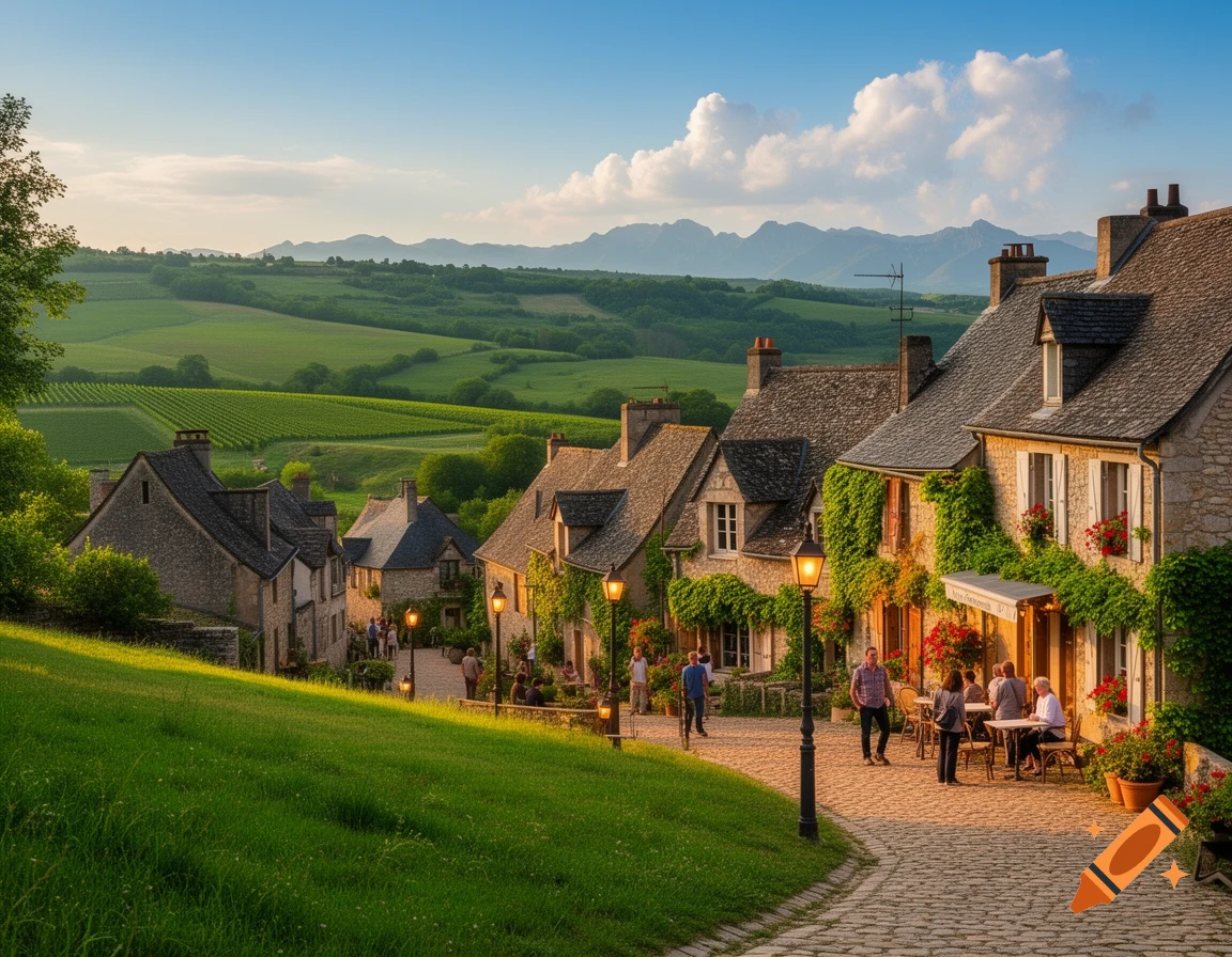 A picturesque French village nestled in a green valley, with stone houses, cobbled streets, and people dining outdoors at sunset.