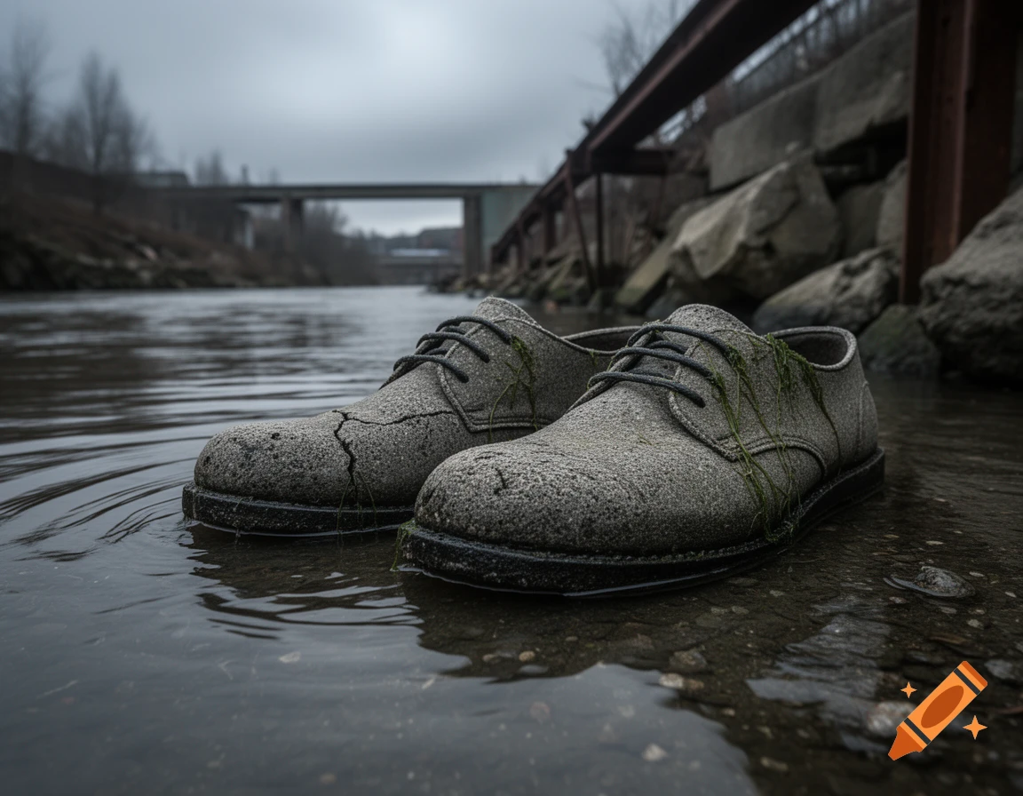 A pair of weathered concrete-like shoes partially submerged in murky water, with a bridge and industrial background.