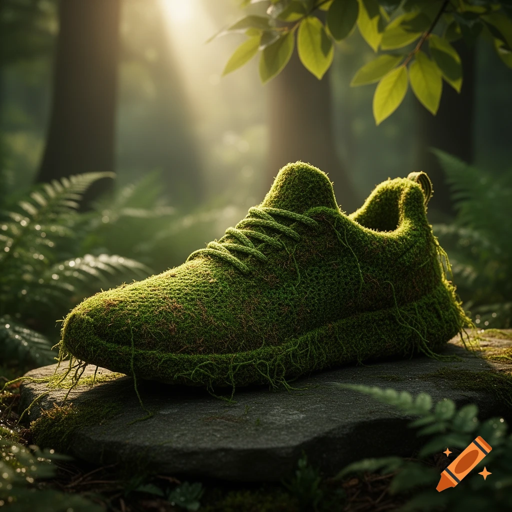 A close-up photorealistic image of a sneaker made entirely of green moss, sitting on a rock in a sun-dappled forest.