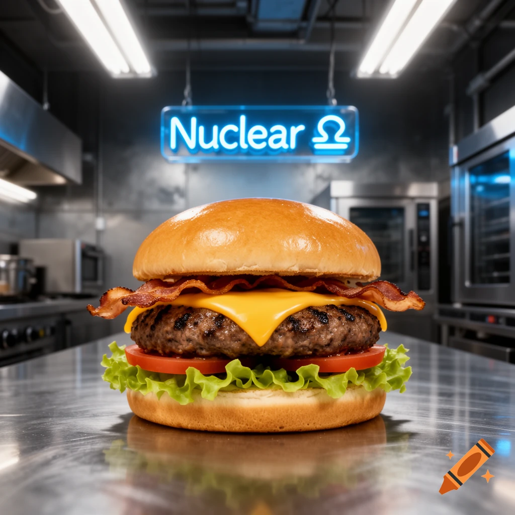 Photorealistic bacon cheeseburger with lettuce and tomato on a stainless steel counter in a modern kitchen under a 'Nuclear A' neon sign.