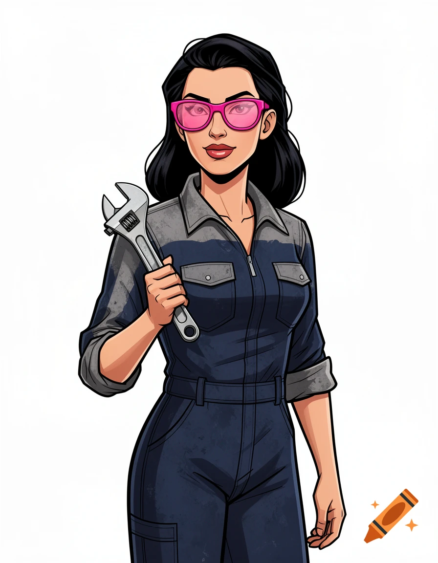 Cartoon woman in a mechanic's overall and pink sunglasses holding a wrench.