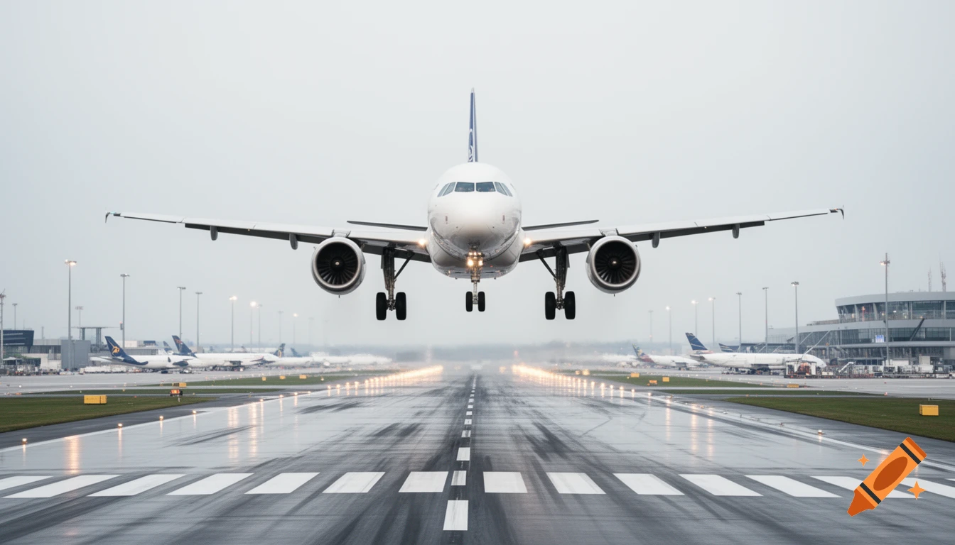 A white passenger airplane with landing gear extended descends toward a wet airport runway on an overcast day.