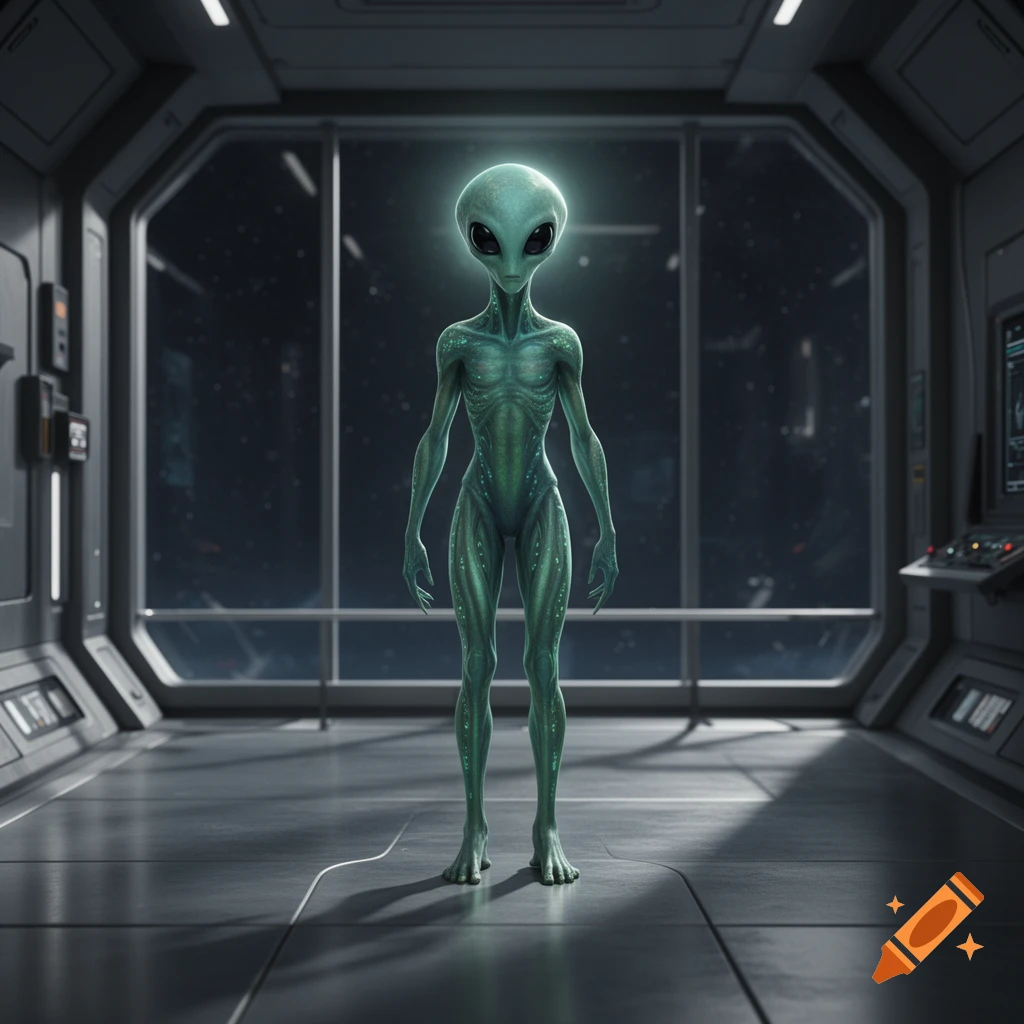 A green-skinned alien with large dark eyes stands upright in a futuristic spaceship cockpit, looking out at space.