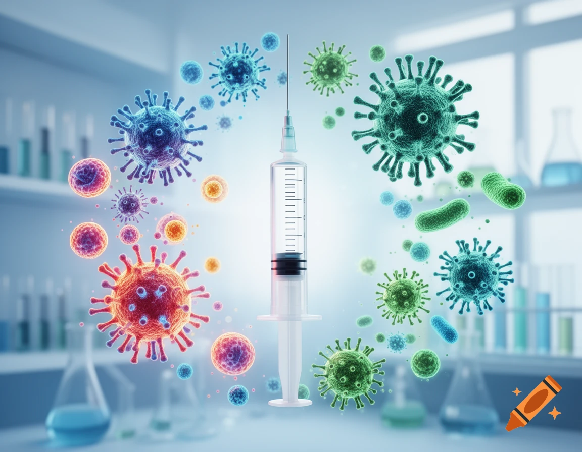 A central syringe surrounded by a swirling array of colorful viruses and bacteria, set against a blurred laboratory background.