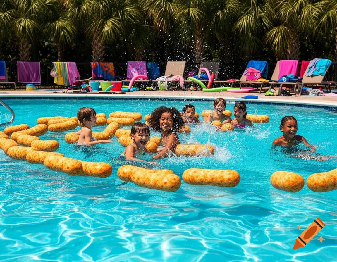 Kids happily swimming in a bright blue pool filled with large, floating tater tot snacks, surrounded by palm trees.