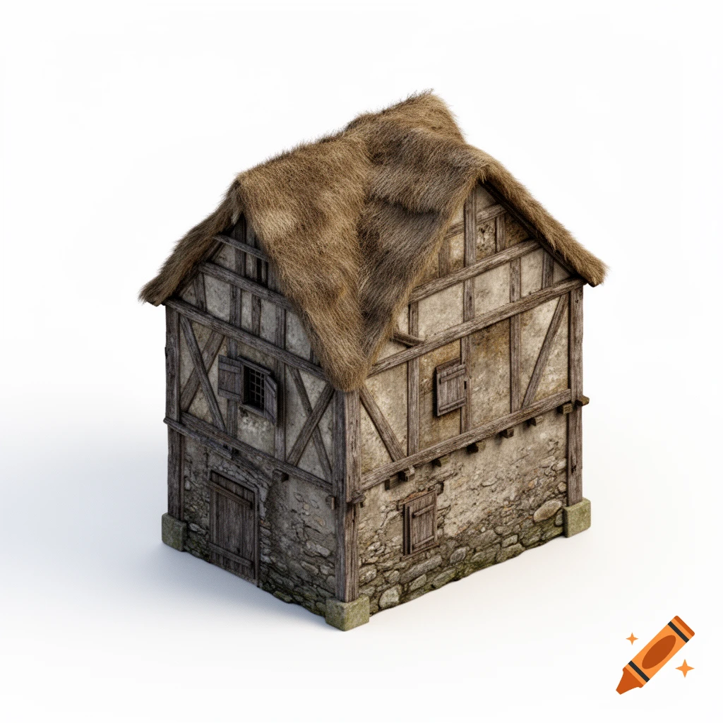 Isometric 3D render of a medieval granary with a thatched roof, timber framing, and stone base on a white background.