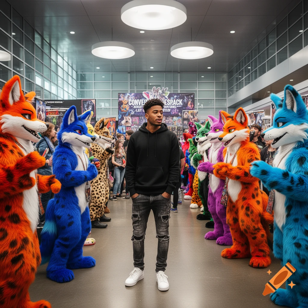 Bryson Tiller stands centered, surrounded by people in colorful furry costumes at a convention, with exhibition banners in the background.