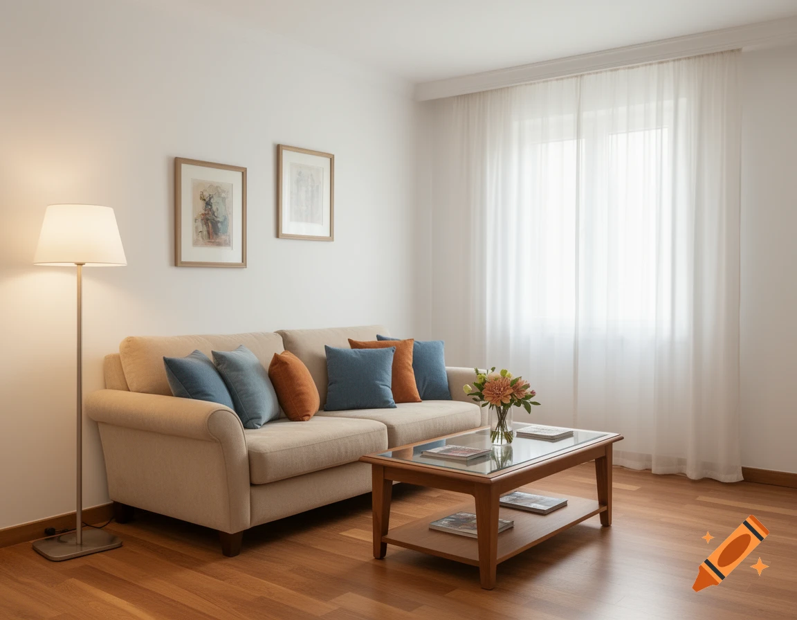 A modern living room with a beige sofa, blue and orange pillows, a glass coffee table with flowers, a floor lamp, and white curtains.