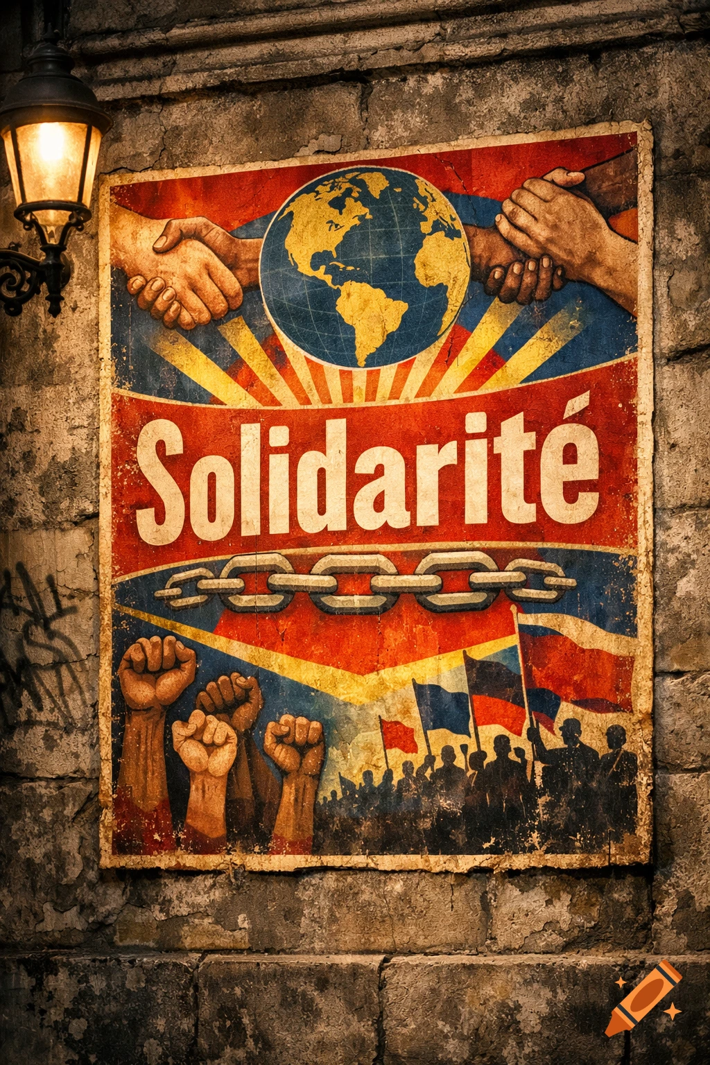 Vintage poster on a stone wall depicting solidarity with a globe, shaking hands, raised fists, a crowd, and the French word 'Solidarité'.