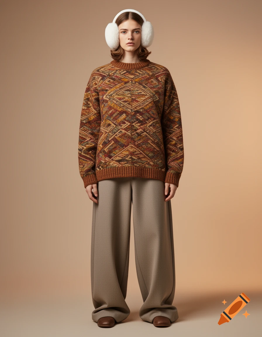 A model stands wearing a brown geometric patterned sweater, white fluffy earmuffs, and oversized light brown pants against a warm beige background.